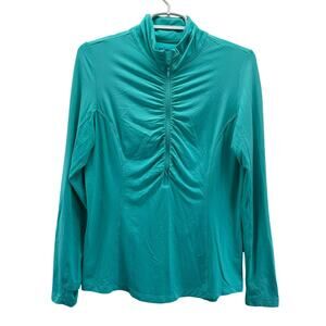 IBKUL Solid Teal Ruched Long Sleeve Half Zip Mock Neck Shirt Small